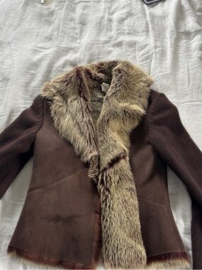 Brunello Cucinelli Brown Leather and 100% Cashmere Jacket with Fur Trim